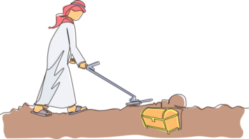 Single continuous line drawing businesswoman with metal detector looking for treasure chest. Woman treasure seeker with metal detector finding precious jewel. One line draw design illustration png