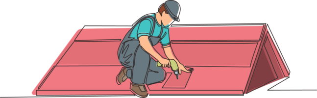 Single continuous line drawing roofer installing wooden or bitumen shingle. Roofer man fixing house roof with electric screwdriver. Repairman worker repair occupation. One line graphic design png