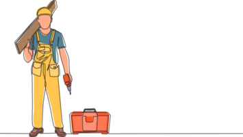 Single one line drawing timber frame house construction worker. Repairman standing with board, tool box, and drill. Building, construction, repair work services. Continuous line draw design png