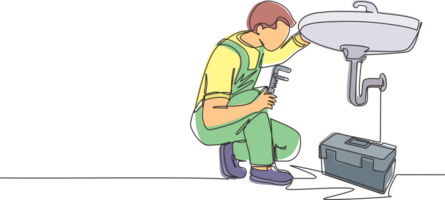 Continuous one line drawing plumber worker repairs sink in bathroom and plumbing pipes. Handyman makes house repair works. Home repair and maintenance services concept. Single line draw design png