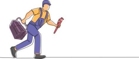 Continuous one line drawing mechanic repairman worker with tools is running. Technical service. Plumber with monkey wrench and toolbox run forward. Single line draw design graphic illustration png