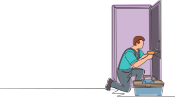 Single continuous line drawing door service. Repairman in the uniform with special equipment repair door element. Locksmith fix lock. Construction services. Dynamic one line draw graphic design png