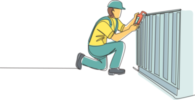 Single continuous line drawing Plumber repair and installation of batteries. Repairman fixing pipes in heater battery radiator. Repair, maintenance professional service. One line draw design png