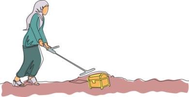 Continuous one line drawing Arab businesswoman with metal detector looking for treasure chest. Woman treasure seeker with metal detector finding precious jewel. Single line draw design graphic png