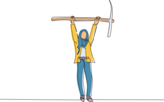 Single continuous line drawing Arabian businesswoman standing and lifting big pickaxe. Business concept. Depicts hard work, success, achievement, discovery. One line graphic design illustration png