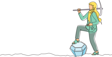 Single one line drawing Arab businesswoman digging ground with pickaxe and finding big diamond. Success business, achievement, and discovery concept. Modern continuous line draw design graphic png