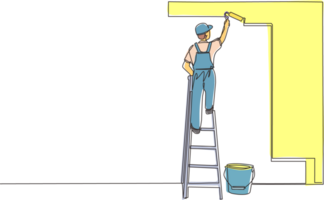 Single one line drawing painter standing on staircase paints wall. Man is holding paint roller in hand. Human runs to provide construction work. Worker in uniform. Continuous line draw design png
