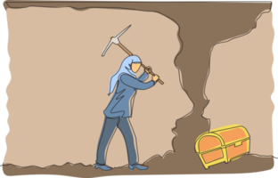 Continuous one line drawing Arabian businesswoman digging with pickaxe looking for hidden treasures. Woman digging and mining for treasure chest in underground tunnel. Single line draw design png