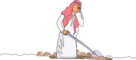 Continuous one line drawing Arabic businessman wipes sweat on his forehead while digging hole. Worker never give up to finish his job. Work hard concept. Single line design graphic illustration png