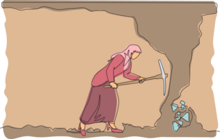 Single continuous line drawing Arab businesswoman digging with pickaxe to get diamond. Worker digging and mining for diamond in an underground tunnel. One line draw graphic design illustration png