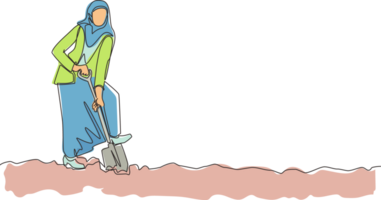 Single one line drawing Arabian businesswoman digging in dirt using shovel. Woman in hijab dig ground with spade. Business metaphor. Hard working process. Continuous line draw design graphic png