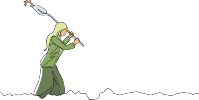 Single continuous line drawing Arabian businesswoman digging in dirt using shovel. Woman in hijab dig ground with spade. Treasure digging, wealth concept lucky rich woman. One line draw design png