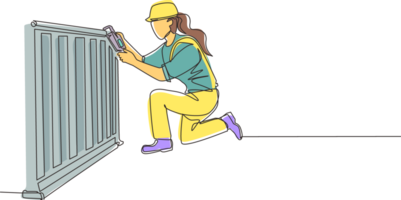Single continuous line drawing plumber repair and installation of batteries. Repairwoman fixing pipes in heater battery radiator. Repair, maintenance professional service. One line draw design png