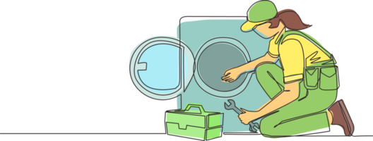 Single continuous line drawing professional repairwoman fixing washing machine at home. Plumbing specialist with toolbox fixing, repairing washer, washing machine. One line draw graphic design png