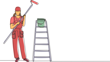 Continuous one line drawing painter woman in overalls with a painting roller, with bucket and ladder. Room painter. Handywoman. Construction worker. Single line draw design graphic illustration png