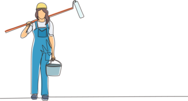 Single continuous line drawing female painter with bucket of paint and paint roller. Professional repairwoman in overalls on the background of apartment renovation. One line draw graphic design png