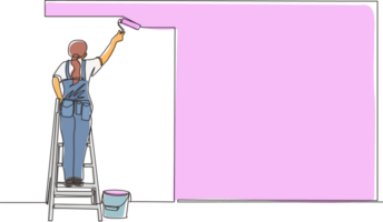 Continuous one line drawing painter standing on staircase paints wall. Woman is holding paint roller in hand. Human runs to provide construction work. Worker in uniform. Single line draw design png