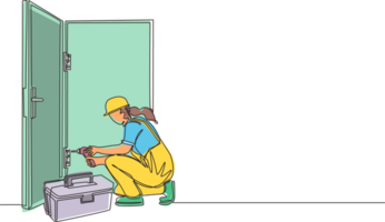 Single one line drawing door service. Repairwoman in the uniform with special equipment repair door element. Locksmith woman fix lock. Construction services. Continuous line draw design graphic png