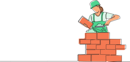 Continuous one line drawing repairwoman building brick wall. Construction worker in uniform and helmet doing work. Builder concept. Repair work services. Single line draw design illustration png