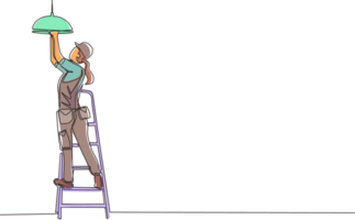 Single continuous line drawing worker electrician on ladder change light bulb. Professional repairwoman in uniform and helmet working. Idea of electricity. Dynamic one line draw graphic design png