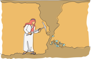 Single continuous line drawing businesswoman digging with pickaxe looking for hidden treasures. Woman digging and mining for treasure chest in underground tunnel. One line draw graphic design png