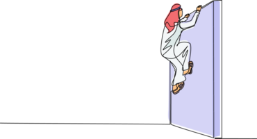 Single one line drawing Arab businessman climb the obstacle wall, solve the problem. Business concept, team metaphor. Successful leader businessman. Continuous line design graphic illustration png