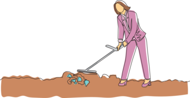 Single continuous line drawing Arabian businessman with metal detector looking for pile of diamonds. Man treasure hunter with metal detector finding precious stone. One line draw graphic design png