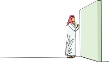 Single continuous line drawing Arabian businessman thinking in front of big obstacle or wall. Abstract representing risk management. Finding solution and problem solving. One line draw design png