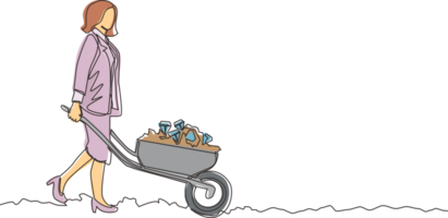 Single one line drawing happy Arabian businessman pushing cart full of diamonds. Wheelbarrow with golds, jewelry, precious stone. Business, finance concept. Continuous line draw graphic design png