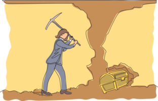 Single continuous line drawing Arabian businessman digging with pickaxe to get diamond. Worker digging and mining for diamond in an underground tunnel. One line draw graphic design illustration png