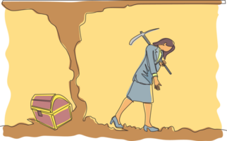 Continuous one line drawing Arab businessman give up before reach money and treasure. Worker gives up digging not knowing treasure chest is almost revealed. Single line draw design illustration png