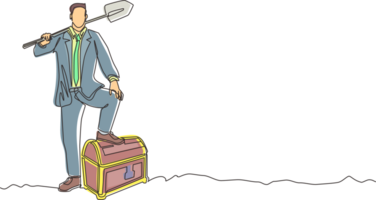 Single continuous line drawing businessman digging ground with shovel and finding treasure chest. Success business, achievement, and discovery concept. One line draw graphic design illustration png