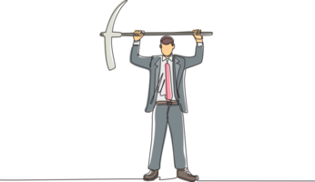 Single continuous line drawing businessman standing and lifting big pickaxe. Business concept. Depicts hard work, success, achievement, and discovery. One line draw graphic design illustration png