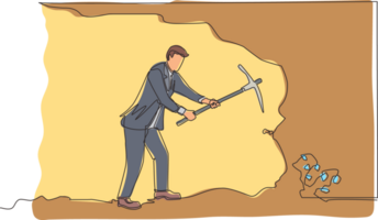 enda kontinuerlig linje teckning affärsman grävning med pickaxe till skaffa sig diamant. arbetstagare grävning och brytning för diamant i ett underjordisk tunnel. dynamisk ett linje dra grafisk design illustration png