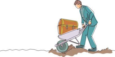 Single continuous line drawing happy businessman in suit pushing cart with treasure chest. Wheelbarrow with golds, jewelry, treasures. Business and finance concept. One line draw graphic design png