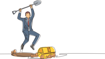 Single continuous line drawing businessman in hole prancing happily while lifting shovel with both hands and finding treasure chest. Lucky rich man. Dynamic one line graphic design illustration png