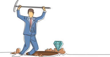 Continuous one line drawing young businessman in hole prancing happily while lifting pickaxe with both hands and finding diamond or precious stone. Single line draw design graphic illustration png