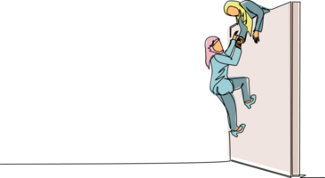 Single one line drawing Arabic businesswoman helping another woman climb wall. Confident successful leading businesswoman helping another one to get over brick wall. Continuous line draw design png