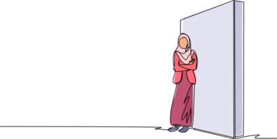 Célibataire un ligne dessin arabe femme d'affaires permanent et maigre contre mur, en pensant quelque chose à propos Nouveau affaires entreprise. plein longueur ou corps. continu ligne dessiner conception graphique illustration png