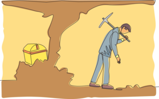 Continuous one line drawing businessman give up before reach money and treasures. Worker gives up digging not knowing treasure chest is almost revealed. Single line design graphic illustration png