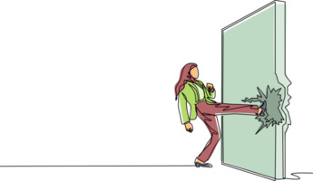 Continuous one line drawing Arab businesswoman doing kung fu or karate kick to destroy brick wall. Business concept of obstacle, solution. Obstruction ruined with force. Single line draw design png