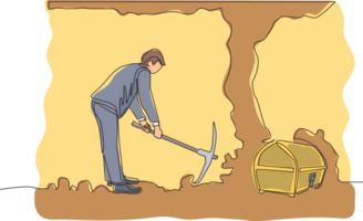 Single one line drawing businessman digging with pickaxe looking for hidden treasures. Man digging and mining for treasure chest in an underground tunnel. Continuous line draw design graphic png