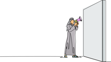 Single continuous line drawing Arabian businessman holding megaphone standing in front of wall. Man shouts on megaphone. Leader announces career promotions. One line draw design illustration png