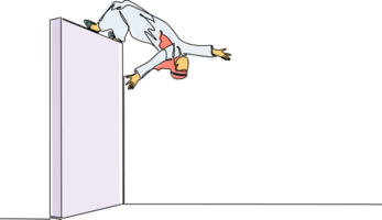 Continuous one line drawing Arabic businessman jumping over brick wall with acrobatic over head style to achieve his goal. Businessman jumping over the wall of barriers. Single line draw design png