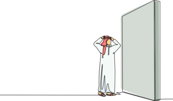 Single one line drawing Arabian businessman standing and confused in front of huge brick wall barriers. Scene for wrong business decision, mistake, deadlock. Continuous line draw design graphic png