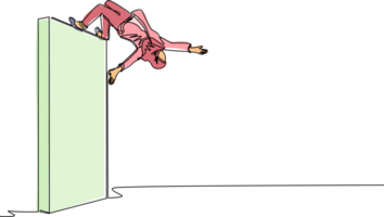 Single one line drawing Arabic businesswoman jumping over brick wall with acrobatic over head style to achieve his goal. Businesswoman jumping over wall of barriers. Continuous line draw design png