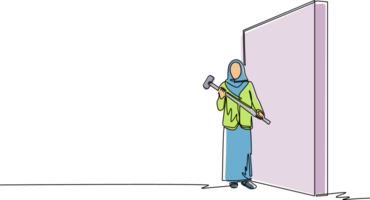 Single continuous line drawing Arab businesswoman standing and holding big hammer while facing wall. Goal achievement, business strategy. Successful overcoming of problems. One line draw design png