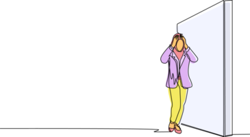 Single continuous line drawing Arab businesswoman standing and confused in front of huge brick wall barriers. Scene for wrong business decision, mistake, deadlock. One line draw graphic design png