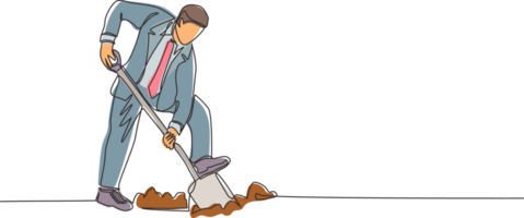 Single one line drawing businessman digging in dirt using shovel. Man in suit dig ground with spade. Business metaphor. Hard working process. Modern continuous line design graphic illustration png