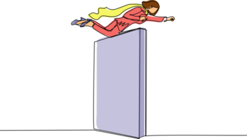 Single one line drawing super businesswoman flying over the wall. Employee superhero flying through the wall. Business concept power, success, overcome difficulties. Continuous line draw design png